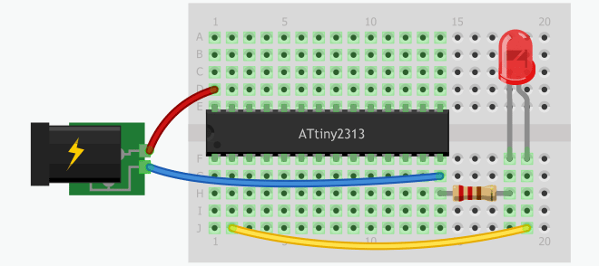 Dioda LED podłączona do ATtiny2313