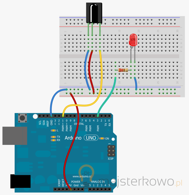Arduino z odbiornikiem IR i diodą LED