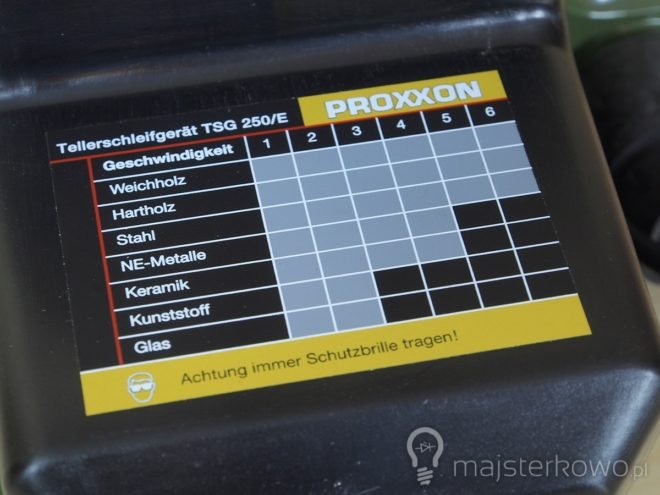 Proxxon TSG 250/E - tabela prędkości