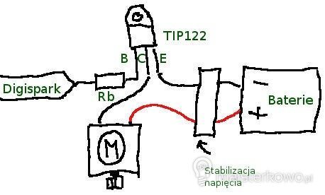 Podłączenie silnika (M) przez tranzystor do mikrokontrolera i zasilania