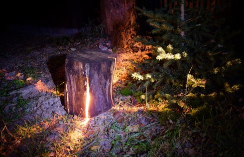 Lampa ogrodowa wyglądająca jak pęknięte drzewo